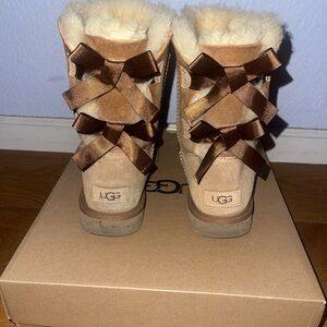 UGG Chestnut Suede Sheepskin Short Boots with Satin Bows